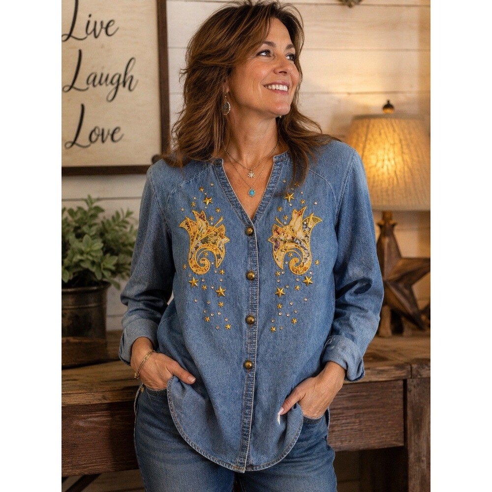Vintage Bingo Bingo Denim Shirt Petite 10P Embellished Western Floral USA Cotton